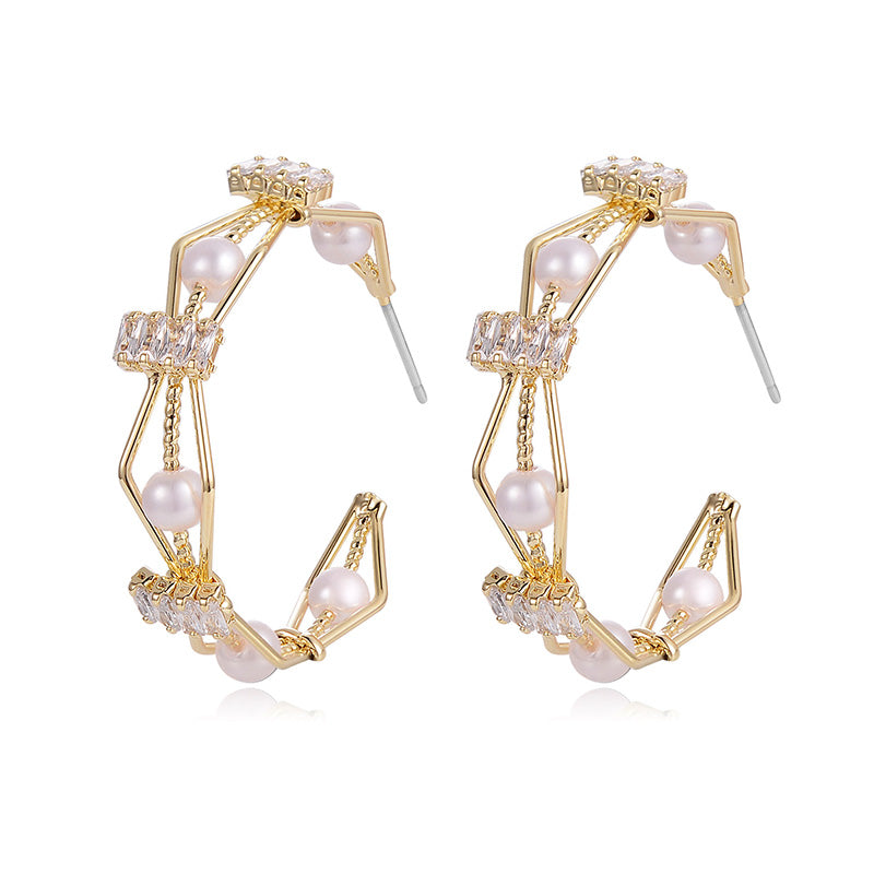 Golden Pearl Prism Hoop Earrings