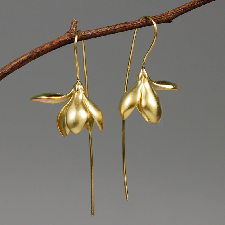 Golden Magnolia Flower Drop Earrings