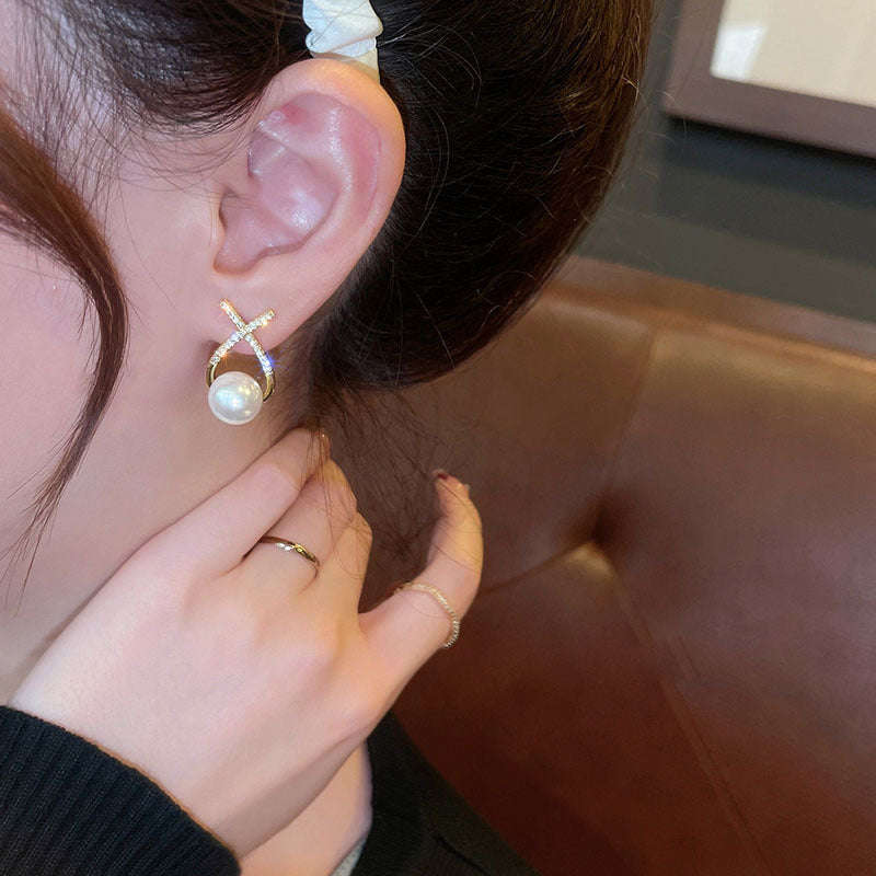 Crystal Crossover Pearl Drop Earrings